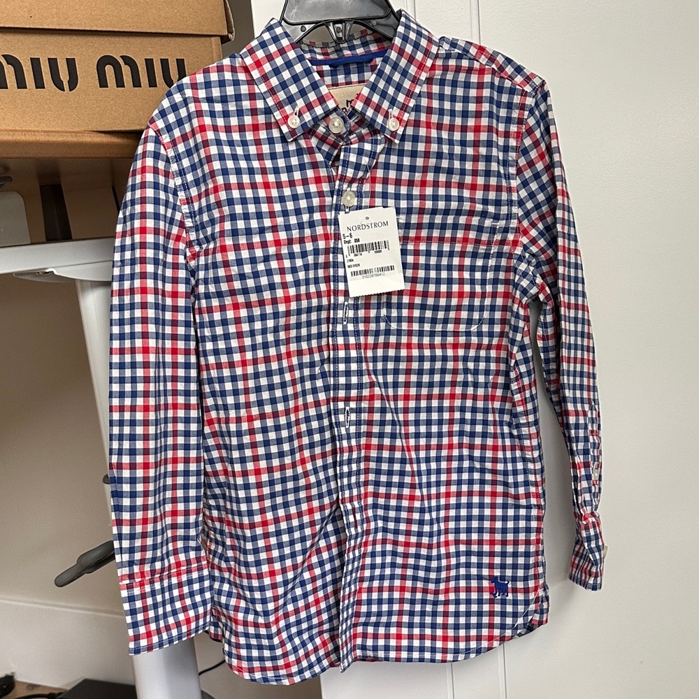Mini Boden Boys 5-6 Red and Blue Checkered Gingham button down Shirt